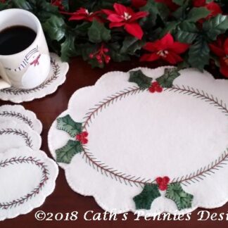 Holly and Pine Wool Applique Candle Mat and Mug Rugs