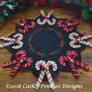 Jingle Bell Candy Canes Wool Applique Candle Mat