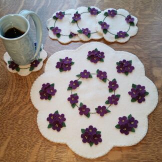 Dainty Violets Wool Applique Candle Mat and Mug Rugs