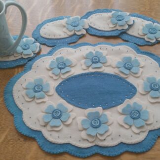 "Blooms of Blue" Wool Applique Candle Mat & Mug Rugs